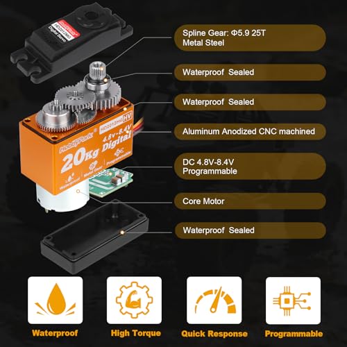 HobbyPark Waterproof Servo Metal Gear RC Servo Digital Servo w/Aluminum Horn RC Parts for 1/12 1/10 RC Crawler RC Truck RC Car Buggy Robotic Control Angle 90°-180° Programmable 8.4V HV (20kg Torque)
