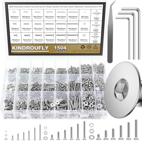 1504 Pieces Countersunk Head Socket Cap Screws Nuts Washers Kit, Kindroufly M2 M3 M4 Screw Assortment Kit, 304 Stainless Steel, Fully Machine Thread, Silver - size: Countersunk Head