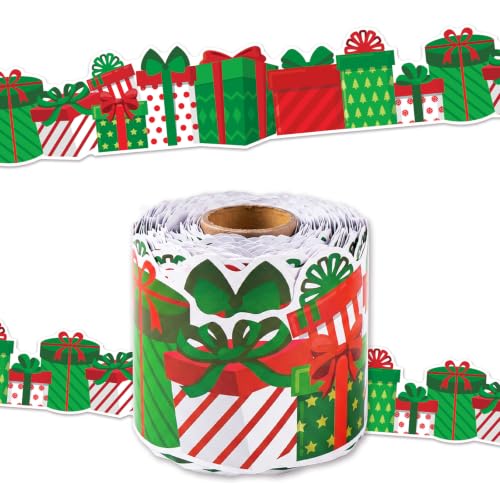69Ft Christmas Gift Box Bulletin Board Border Trim, Red Green Die-Cut Xmas Present Border Roll, Winter Holiday Classroom Decor for Bulletin Board, Whiteboard, Door, Christmas Party Decorations - color: Christmas Gift Box