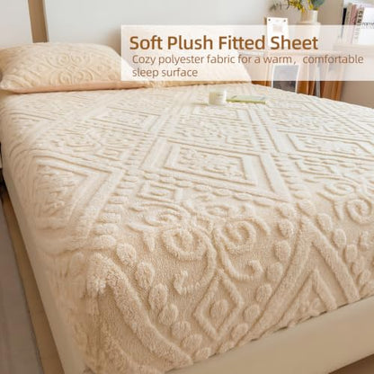 European Damask Embossed Plush Fitted Sheet,King,Off-White,80x78inch - color: Off-white, size: King(80"x78")