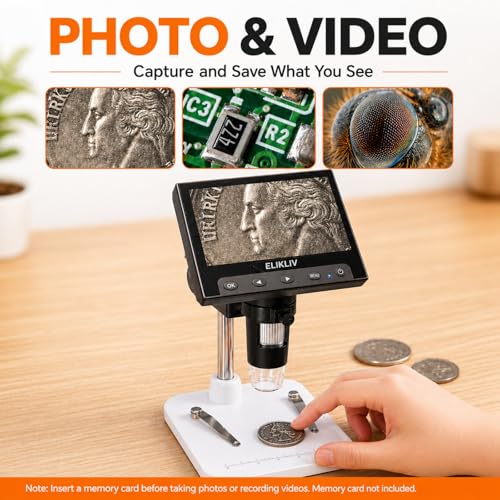 Elikliv Microscope, Digital Coin Microscope 1000x with Lights, EDM4, 4.3'' - color: White