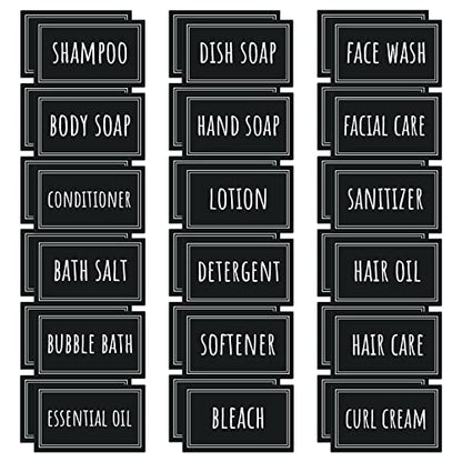 Segbeauty Soap Dispenser Waterproof Labels, 36 Packs Self-Adhesive Minimalist Labels Stickers for Bottles, Farmhouse Bathroom Kitchen Laundry Removable Cleaning Label for Shampoo Dish Soap Deter-Gent - style: S+D+F-Black