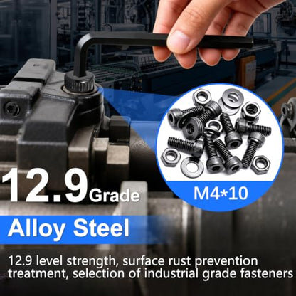 240Pcs M4 x 10mm Screws with Nuts and Wasehrs, Hex Socket Head Cap Screws 12.9 Grade Alloy Steel M4 Bolts with Hex Wrench - color: BK-M4 x 10mm