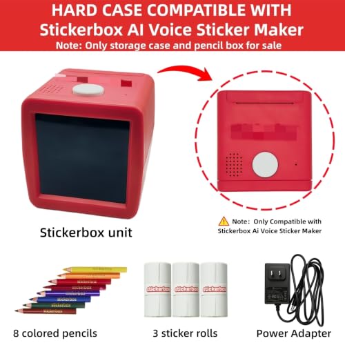 Carrying Case Compatible with Stickerbox AI Printer, 2-in-1 Travel Organizer for 3 Sticker Rolls, Charging Cable and Pencil Box, with Removable PP Box for 8 Colored Pencils (Only Case) (Red)
