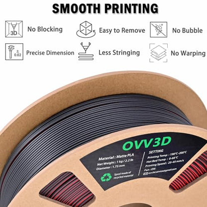 OVV3D Matte PLA Filament 1.75mm, Red Black Dual Color PLA 3D Printer Filament，High Speed 3D Printing, +/-0.02mm 1kg - color: Matte Black Red