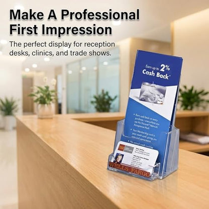 Clear-Ad - Acrylic Trifold Brochure Holder with Business Card Pocket - Rack Card Display - Pamphlet Stand - LHF-P100 (Single Pack)