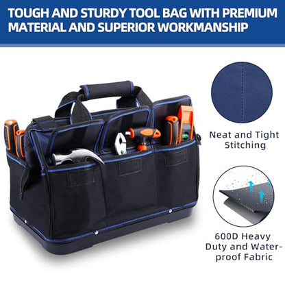 Tool Bag 16'', Multi-pocket Tool Organizer with Water Proof Plastic Base, Heavy Duty Tote with Shoulder Strap for Tool Storage, Black & Blue - color: Blue