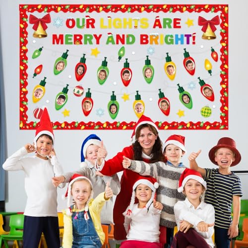 Christmas Bulletin Board Set Xmas Merry and Bright Classroom Decorations Light Bulb DIY Photo Paper Cutouts Winter Holiday Bulletin Board Border for School Wall Xmas Party Decor Teacher Supplies - style: Merry and Bright
