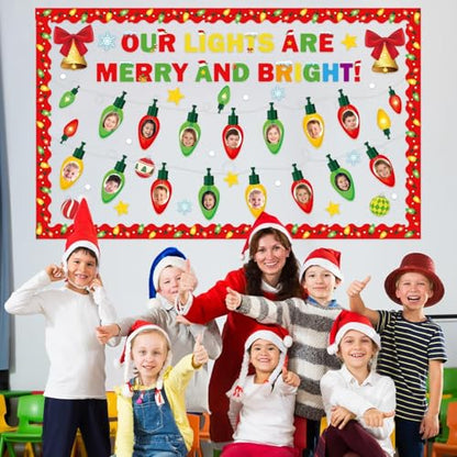 Christmas Bulletin Board Set Xmas Merry and Bright Classroom Decorations Light Bulb DIY Photo Paper Cutouts Winter Holiday Bulletin Board Border for School Wall Xmas Party Decor Teacher Supplies - style: Merry and Bright