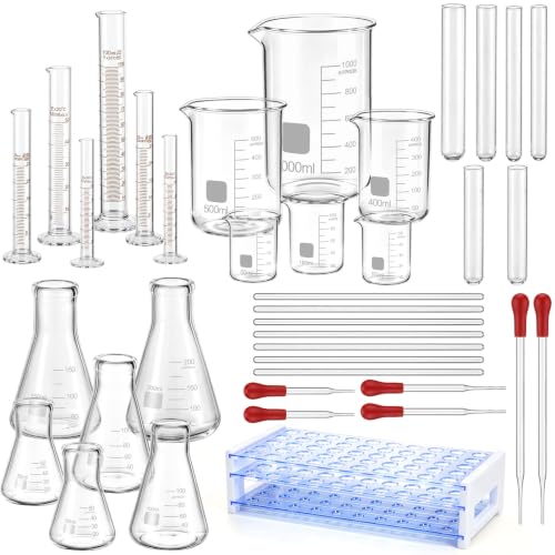 Frienda 37 Pcs Glass Lab Kit Glass Chemistry Set Lab Glassware Set Graduated Cylinder Chemistry Kit Test Tube Rack Beakers Flasks Droppers for School Labs Classroom Home Science Fair