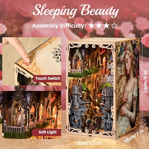 MiniCity Book Nook Kit - DIY Miniature House 3D Wooden Puzzle for Adult and Teens, Booknook Bookshelf Decor Scale Model Build with LED Light, Gifts for Family and Friends (Sleeping Beauty) - color: Sleeping Beauty