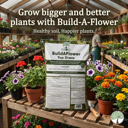 BuildASoil Build-A-Flower - Organic Top Soil Amendment – Top Dress Kit for Flowering Plants | Compost, Phosphorus & Potassium | 1 Cubic Foot Bag of Soil - size: 7.48 gallon