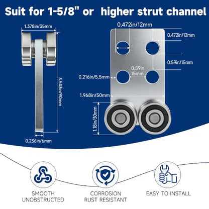 4 Wheel Trolley Assembly Rollers.Bearing Trolley Assembly.The top of the Trolley has Room for Set Screws, Allowing the use of a 1-5/8" high Strut Channel or Higher Metal Strut Channel. - style: B-4Wheel Trolley 2pcs