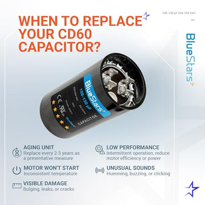 [2025 Upgraded] BlueStars 108-130 uF MFD 220-250 VAC Motor Start Capacitor - size: 108-130 MFD 220-250 VAC