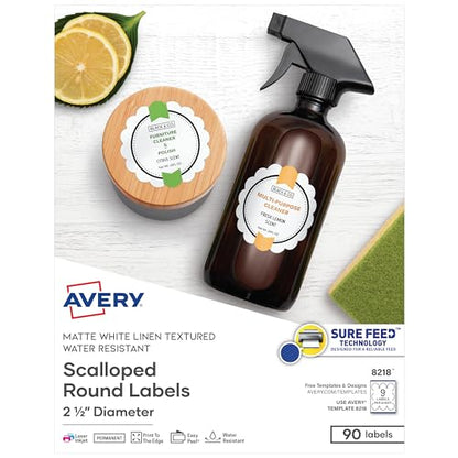 Avery Scallop 2.5 Inch Round Labels with Sure Feed for Laser & Inkjet Printers, 90 White Labels (8218) - color: Matte White, size: 2.5", style: 90 labels