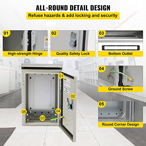 VEVOR Electrical Enclosure, 12'' x 8'' x 6'', UL Certified NEMA 4 Outdoor IP65 Waterproof Cold-Rolled Carbon Steel Hinged Junction Box, with Rain Hood, White Gray, (ULBOX30X20X15) - size: 12" x 8" x 6"