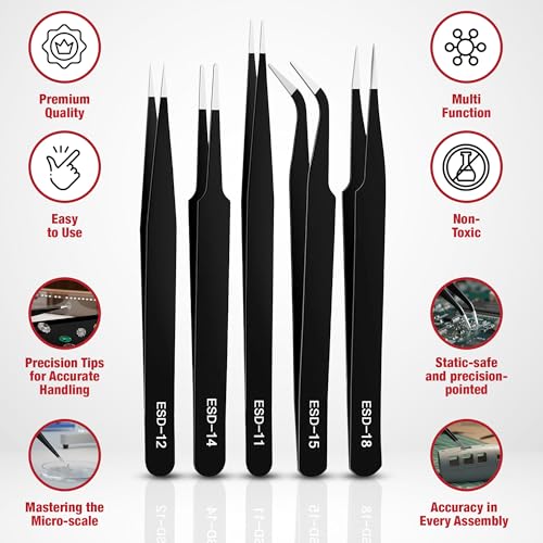 Precision Tweezers Set, 5PCS Upgraded Anti-Static Stainless Steel ESD Tweezers Kit for Electronics Repair, Soldering, Laboratory Work, Jewelry-Making, Model Building, Crafts with Storage Bag
