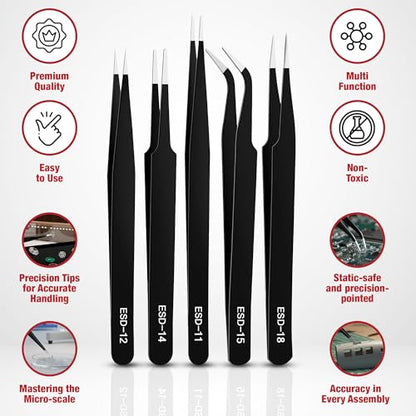 Precision Tweezers Set, 5PCS Upgraded Anti-Static Stainless Steel ESD Tweezers Kit for Electronics Repair, Soldering, Laboratory Work, Jewelry-Making, Model Building, Crafts with Storage Bag