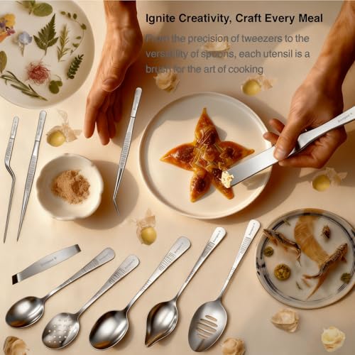 | Plating Tools Culinary Set | 11 Piece Professional Chef Plating Tools Pro Kit | Kitchen Plating Utensils | Modernist Cuisine Food Art | Stainless Steel | Black (Silver) - color: Silver