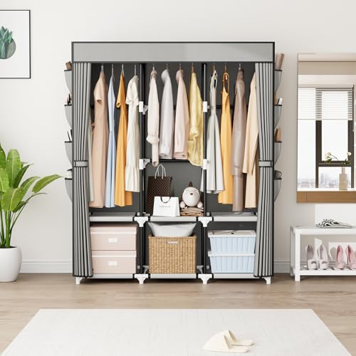 Portable Closet with Cover, 3 Hanging Rods and Side Pocket, Sturdy Free Standing Closet, Grey - color: Grey, size: 3 Row - 49.2'' Wide