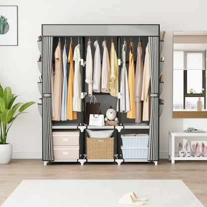 Portable Closet with Cover, 3 Hanging Rods and Side Pocket, Sturdy Free Standing Closet, Grey - color: Grey, size: 3 Row - 49.2'' Wide