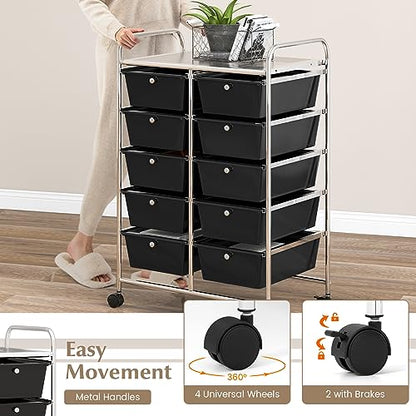 COSTWAY 10 Drawer Rolling Storage Cart, Utility Cart with Lockable Wheels - color: Black, size: 10 Drawer