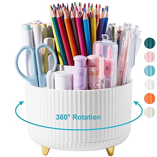 Desk Pencil Pen Holder - 5 Slot 360 Degree Rotating Desk Pen Organizer for Desktop Storage Stationery Supplies Cup Pot - White - color: White