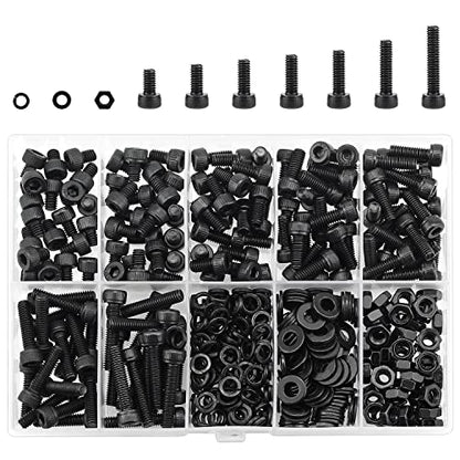 HELIFOUNER 380 Pieces M4 x 5mm /6mm /8mm /10mm /12mm /16mm /20mm, Hex Socket Head Cap Screws Bolts Washers Nuts Kit, 12.9 Grade Alloy Steel, Full Threaded, Black - size: M4, style: Socket Head
