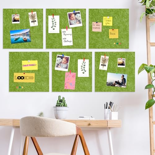 AKTOP Cork Bulletin Board 12x12, 1/2" Thick Felt Cork Board Tiles 6 Pack, Small Square Pin Board for Wall, Self Adhesive Corkboards with 60 Push Pin Wood Clips for School, Home & Office, Green - color: Green, size: 12"x12" - 6Pack