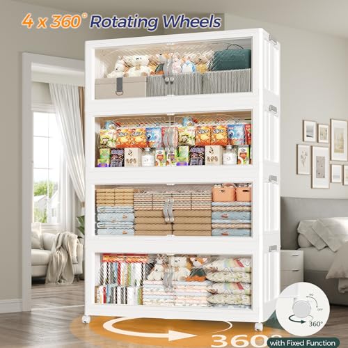 180QT Extra Large Stackable Storage Bins with Lid, 45Gal Plastic Closet Organizers and Storage Drawer, Collapsible Cabinet Box with Wheels Clear Doors for Home Kitchen Office, 3Pack White - size: 60QT