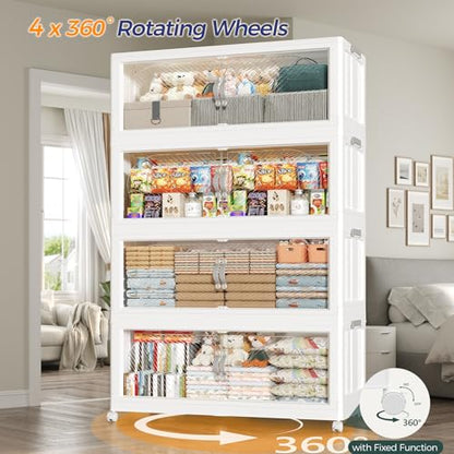 180QT Extra Large Stackable Storage Bins with Lid, 45Gal Plastic Closet Organizers and Storage Drawer, Collapsible Cabinet Box with Wheels Clear Doors for Home Kitchen Office, 3Pack White - size: 60QT