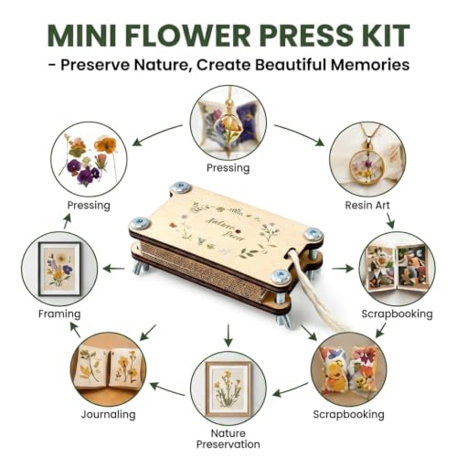 Mini Flower Press Kit, Flower Press Keychain Portable, Plant Press for Pressed Flowers, Flower Press Kit for Metal Art, Scrapbooking, Journaling, DIY Crafts, Nature Travel Flower Preservation Tool
