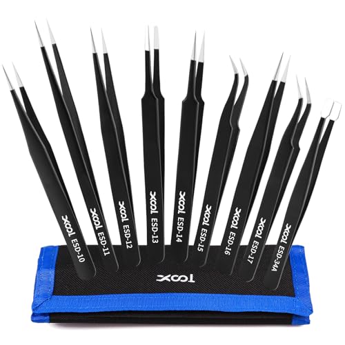 XOOL 9 PCS ESD Precision Tweezers Set, Anti-Static Stainless Steel Tweezers Kit for Electronics, Soldering, Craft, Jewelry, Model Building - size: ESD Tweezers 9 PCS