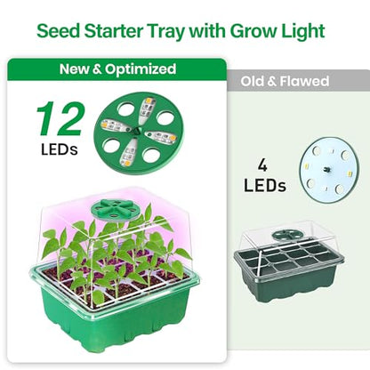 Bonviee Seed Starter Trays with 12-LED Grow Lights, Green, 5 Pack - color: Green, size: 5 Packs