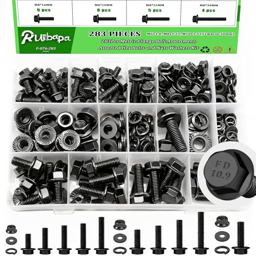 283Pcs Metric Flange Bolt Assortment,M6x1.0,M8x1.25, M10x1.5 (12mm to 30mm) Bolts and Nuts Assortment,10.9 Black Zinc Galvanized,Bolt Kit - color: Black-flange, size: 283Pcs Flange Bolt Assortment Kit