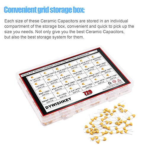DYWISHKEY 24Value 720PCS DIP Monolithic Multilayer Ceramic Chip Capacitors Assortment Kit, 0.1uF-100nF Ceramic Capacitor Set