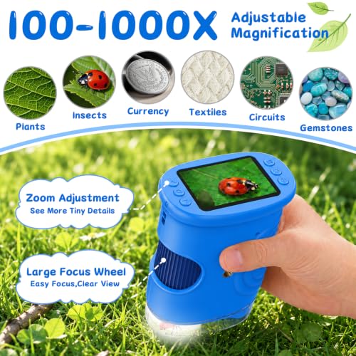 SEEKID Microscope for Kids 200-1000X, STEM Toy Science Kit for Kid(Blue) - color: Blue