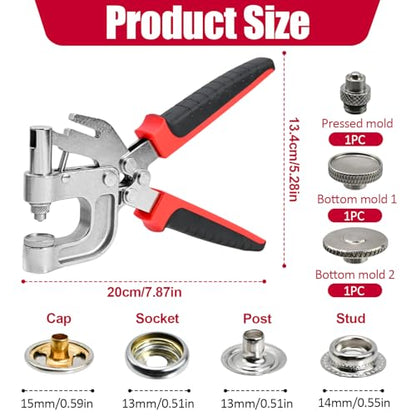 Snap Fastener Tool Kit, 4 Colors 400 PCS Boat Cover Snaps with Built in Punching Snap Installation Tool, 15 MM Canvas Snaps for Leather, Clothing and DIY Handmade