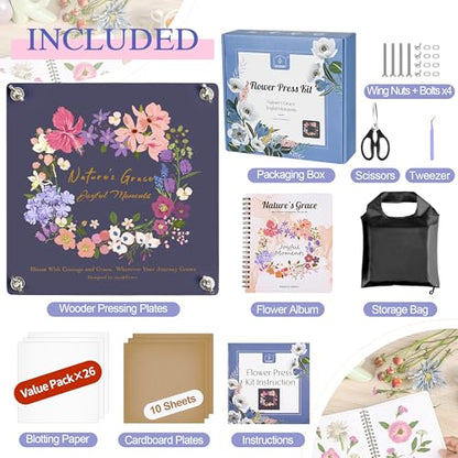 Joy&Grace Flower Press Kit for Adults, with Designed Cover and DIY Album, 10.9" x 10.9" 10 Layers Flower Preservation Kit, Plant Press and Large Plant Drying Toolkit (Color Box, Purple Navy) - color: Purple Navy