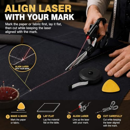 Laser Scissors Kit with Soft Tape Measure & Tailor Chalk Set, Laser Guided Scissors Sewing Guide for Fabric Cutting, Quilting, Dressmaking, Paper, Patterns & DIY Crafts