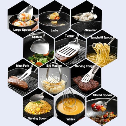 Stainless Steel Kitchen Utensils 13 PCS All Metal Set for Cooking - color: Natural-13