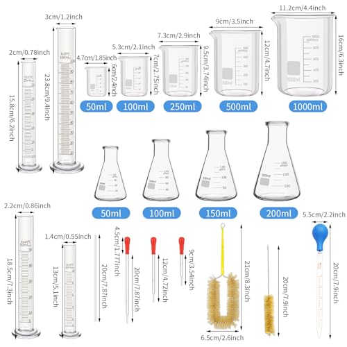23 Pcs Lab Glassware Set Including Measuring Cups, Glass Beaker Graduated Cylinder, Glass Dropper, Stirring Rod, Cleaning Brush for Laboratory Chemistry Supplies