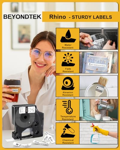 18444 Vinyl Label Tape Work with DYMO Rhino 4200 5200 Label Maker - color: Rhino Black on White