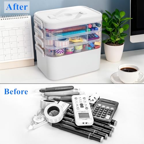 Tebery 4 Tier Plastic Craft Storage Organizer, Clear Stackable Arts Supply Box with Removable Tray, Portable Bead Jewelry Sewing Tool Container Case with Handle, Ideal for Home Studio Travel