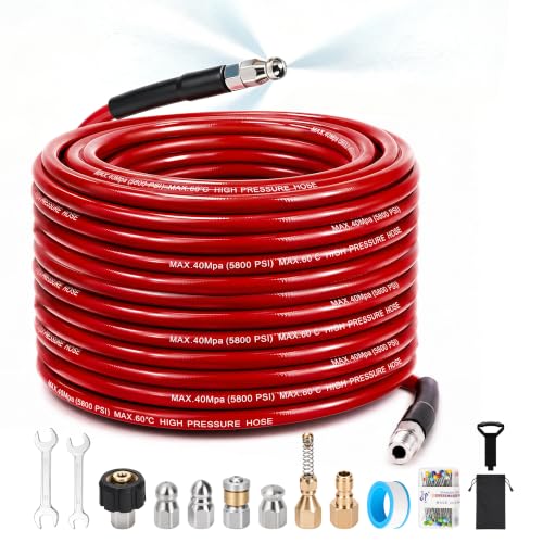 Sewer Jetter Kit for Pressure Washer, 100FT 5800 PSI Drain Cleaner Hose with 1/4" NPT Corner, Rotating and Button Hose Sewer Jetting Nozzle, Waterproof Tape, Pearl Corsage Pin, Spanner, Glove - color: Red - Hose Only, size: 100FT