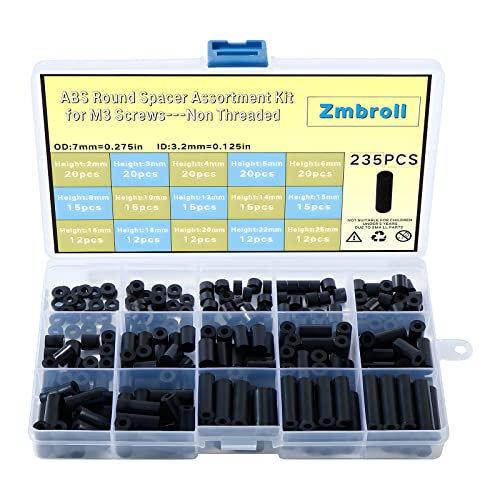 235Pcs Black Round Spacer OD 7mm ID 3.2mm for M3 Screws 15Sizes ABS Non-Threaded Column Standoff Support Spacer Round Straight Tube Plastic Washer Standoff