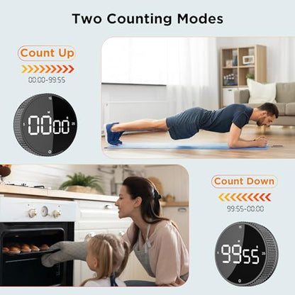 Digital Kitchen Timer - Magnetic Countdown Count Up Clock with Large LED Display, 5/15/25 Min Presets, 3 Volume Levels, Rotary Dial for Cooking, Productivity, Classroom, Fitness (1, Black)