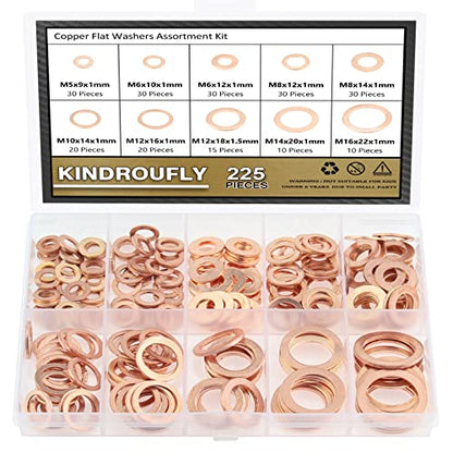 225 Pieces Copper Metric Flat Washers, Sealing Washers, Kindroufly 10 Sizes Copper Washers, Metal Washers Assortment Kit (M5 M6 M8 M10 M12 M14 M16)