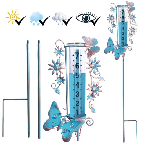 Freeze Proof Rain Gauge Outdoors Best Rated, Accurate & Easy to Read - color: Blue Copper Butterfly