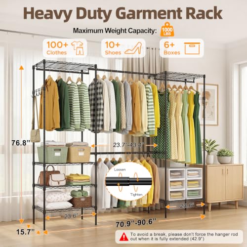 Expandable Clothes Rack, 15.7" D x (70.9"-90.6") W x 76.8" H, Black - color: Black